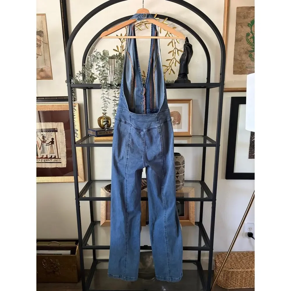 We The Free Free People Denim Halter Jumpsuit Flare Wide Leg Women’s 25